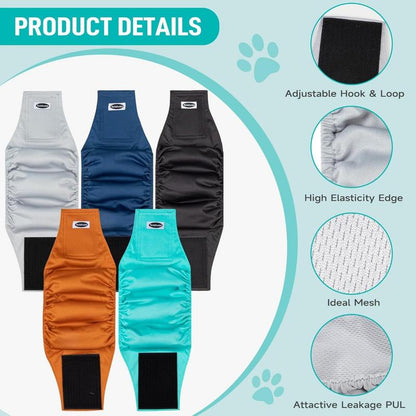 Male Dog Diapers, High Absorbing Belly Bands for Male Dogs, Washable Reusable Wraps (5 Pack)